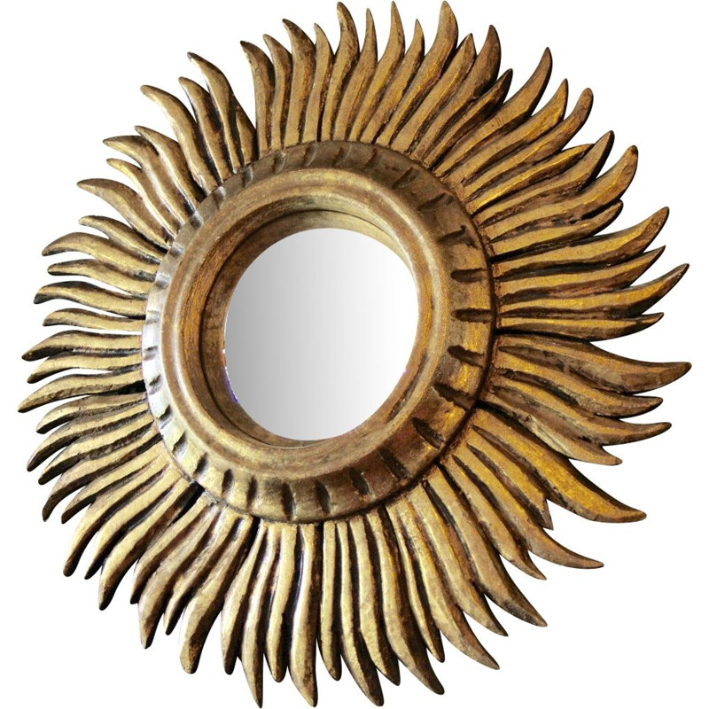 Miroir soleil vintage en bois doré, 1950