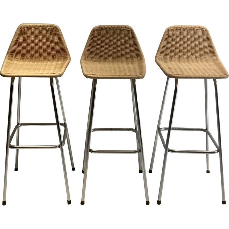 Set of 3 vintage rattan stools by Dirk Van Sliedregt from Rohe Noordwolde, 1960-70s