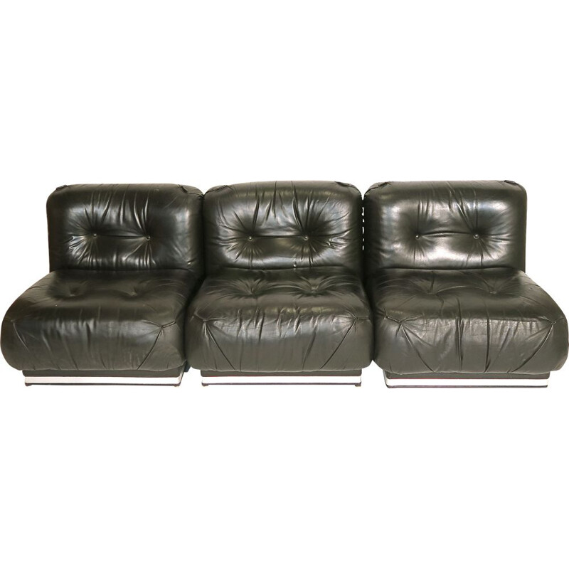 Set of 3 vintage leather and beech sofas, Italy, 1970s