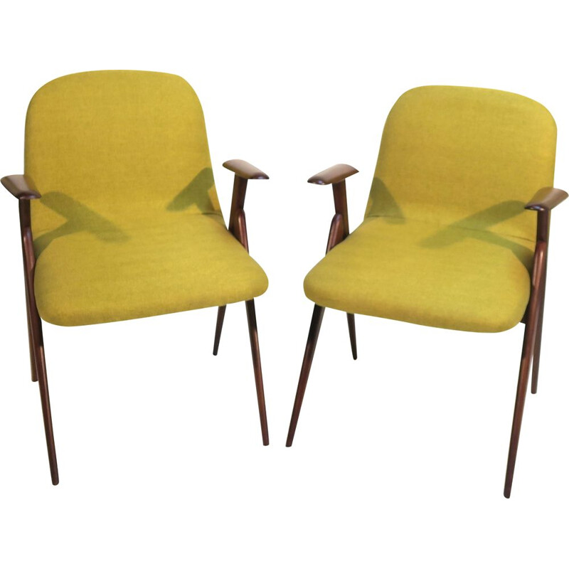 Ensemble de 2 fauteuils vintage jaunes en teck, 1950