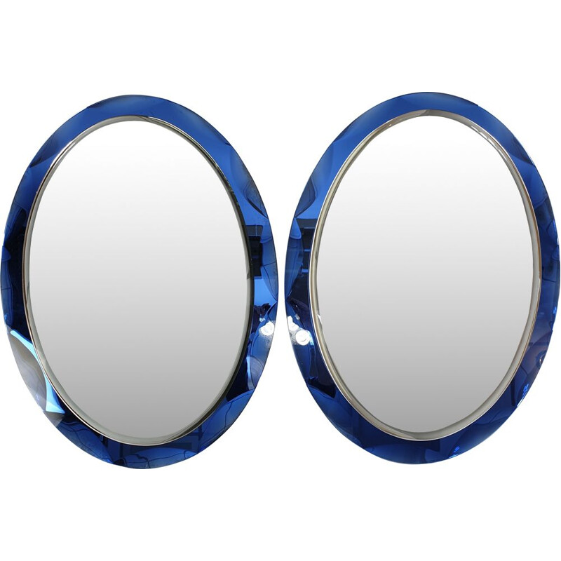 Vintage mirror set with blue glass frame by Metalvetro Galvorame, 1970s