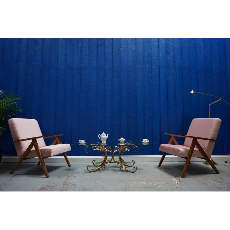 Paire de fauteuil en velours rose champagne, 1960