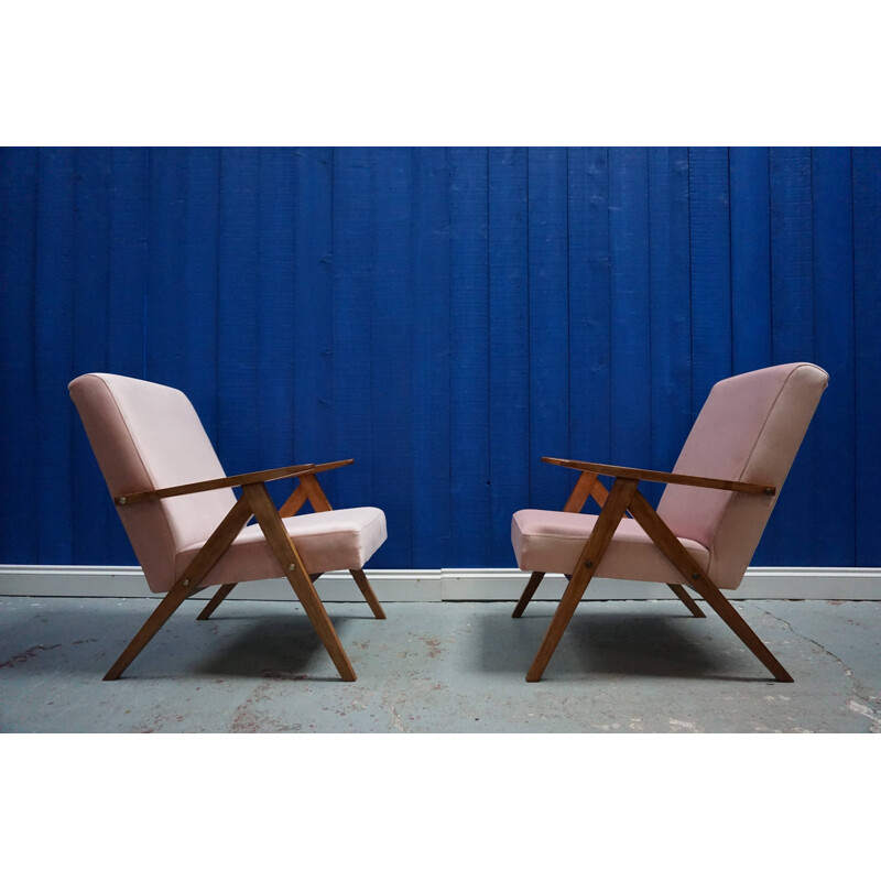 Pair of Easy Chairs in pink champagne velvet, 1960