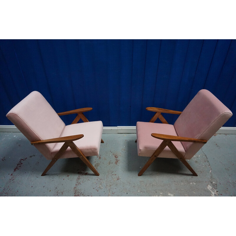 Pair of Easy Chairs in pink champagne velvet, 1960