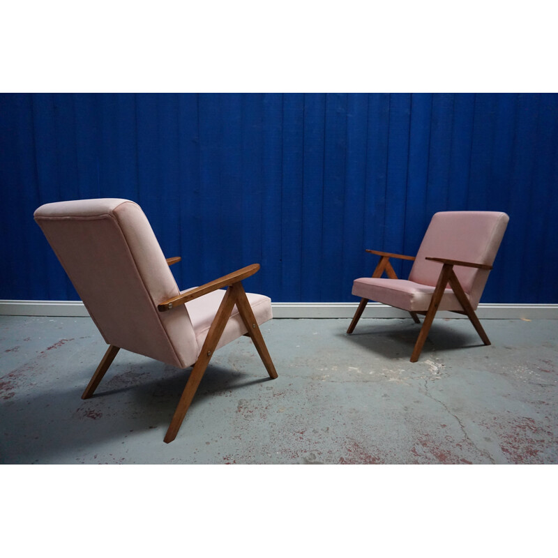 Pair of Easy Chairs in pink champagne velvet, 1960