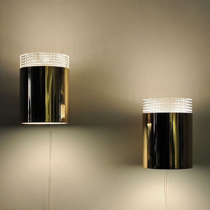 Vintage pair of relieffglass & brass wall lamps by Falkenberg, Sweden 1960s