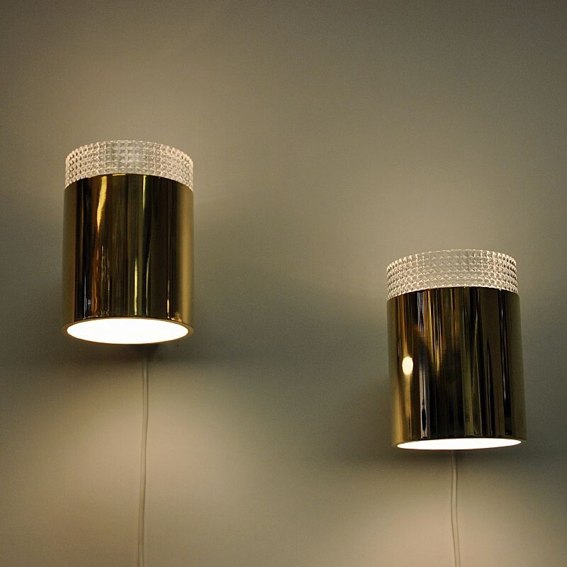 Vintage pair of relieffglass & brass wall lamps by Falkenberg, Sweden 1960s