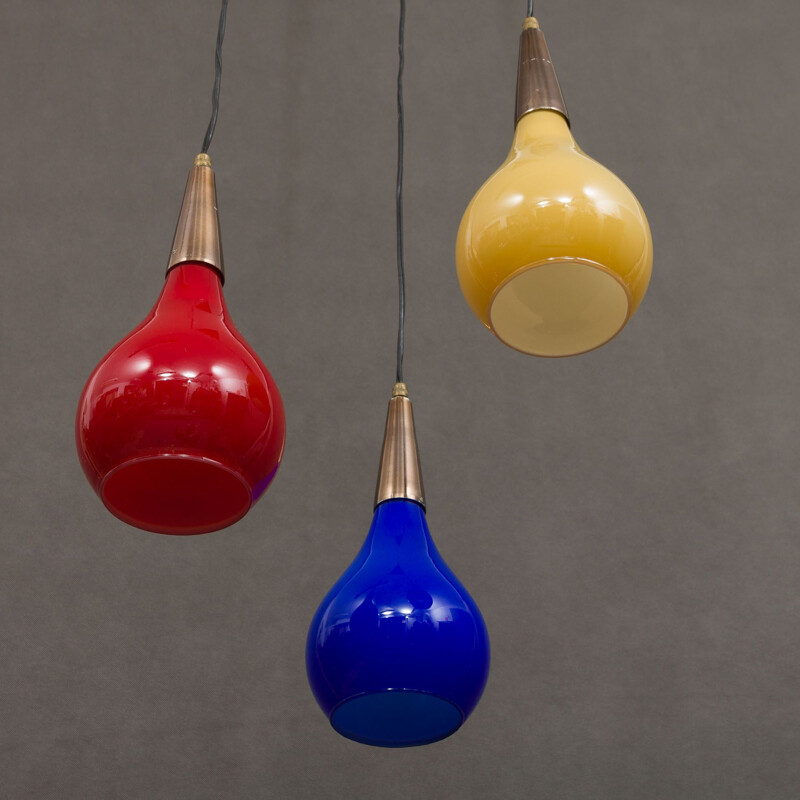 Lustre vintage trois couleurs en verre de murano et laiton par Vistosi