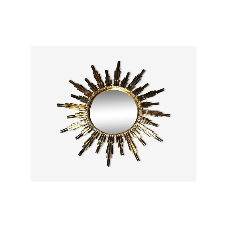 Vintage bulging golden metal sun mirror, 1960s