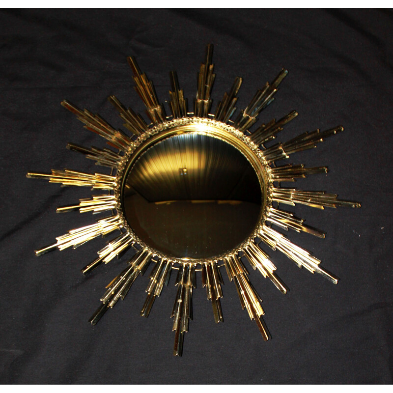 Vintage bulging golden metal sun mirror, 1960s