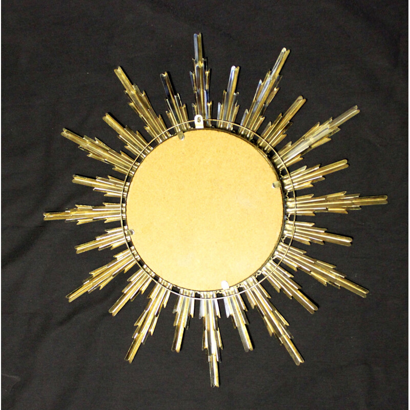 Vintage bulging golden metal sun mirror, 1960s