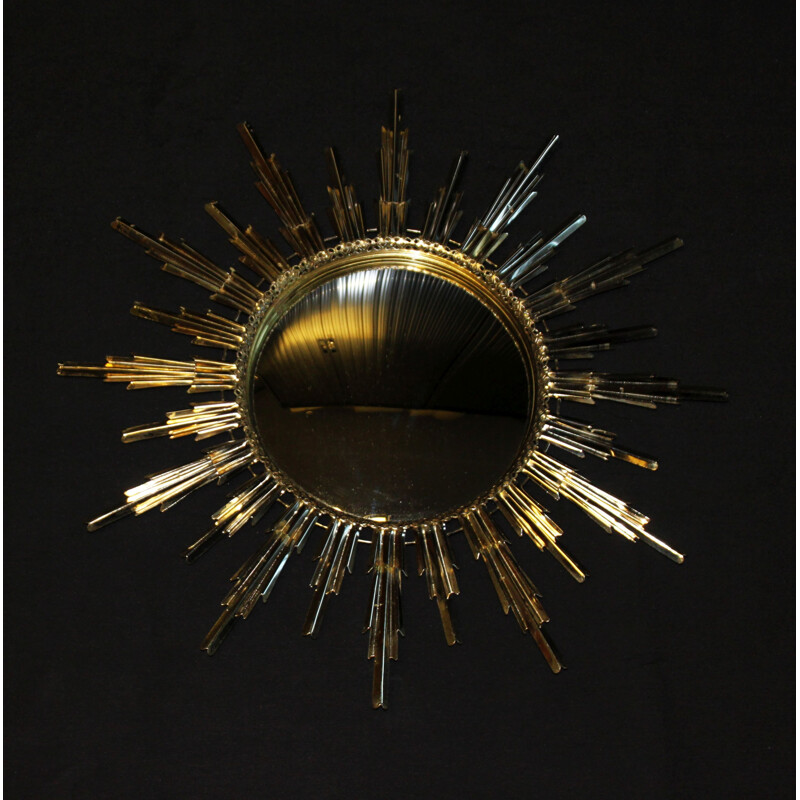Miroir vintage soleil bombé en métal doré, 1960