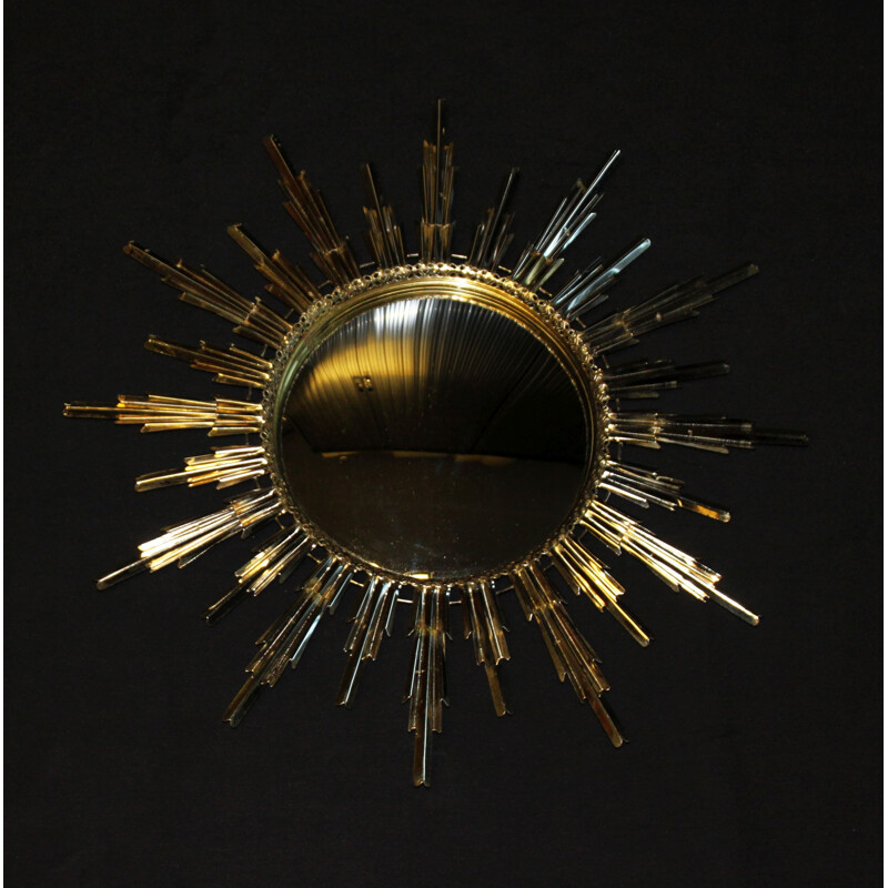 Vintage bulging golden metal sun mirror, 1960s