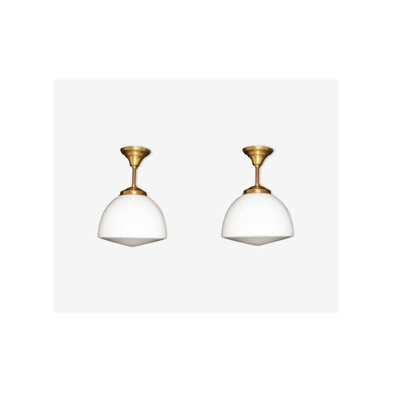 Set of 2 vintage pendant lights in opaline and bronze