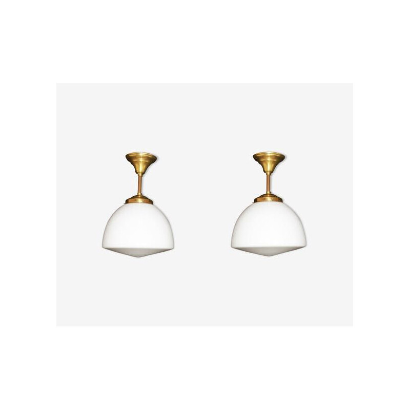 Set of 2 vintage pendant lights in opaline and bronze