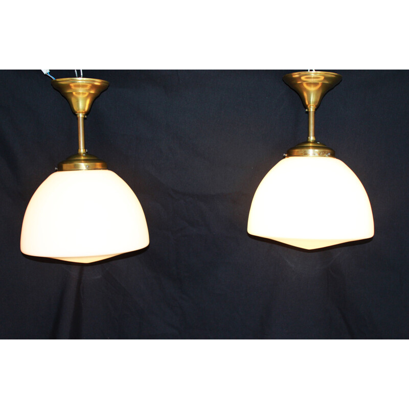 Set of 2 vintage pendant lights in opaline and bronze