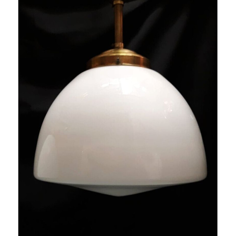 Set of 2 vintage pendant lights in opaline and bronze