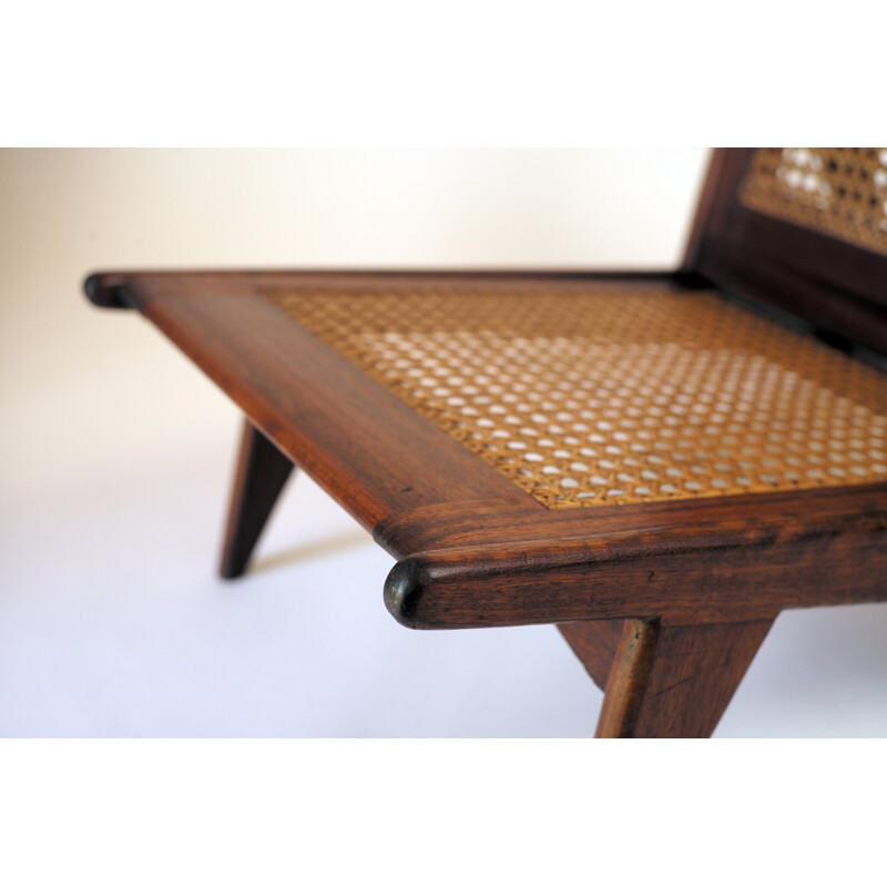 Vintage low chair in massif mahogany and canework - 1950s
