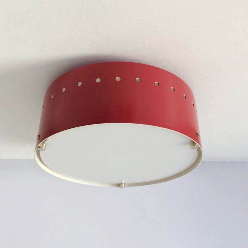 Vintage Italian red lacquered metal celling lamp, 1950