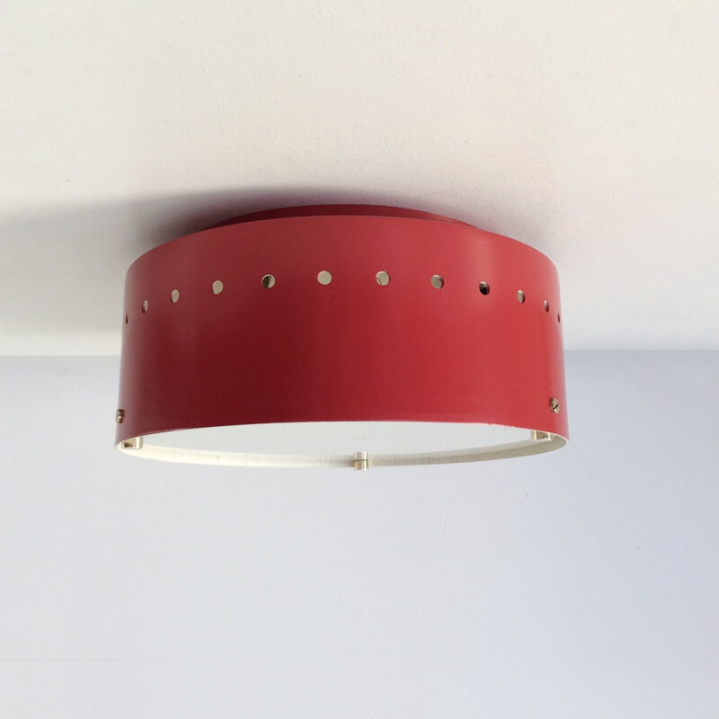 Vintage Italian red lacquered metal celling lamp, 1950