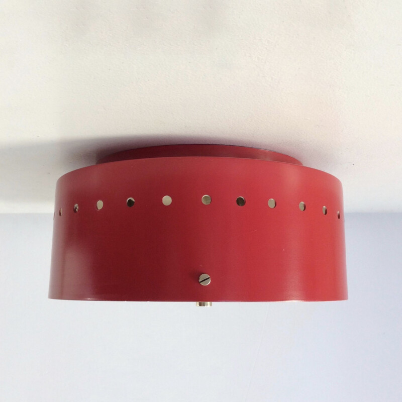 Vintage Italian red lacquered metal celling lamp, 1950