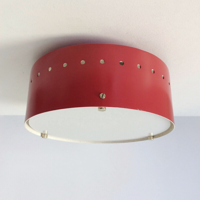 Vintage Italian red lacquered metal celling lamp, 1950