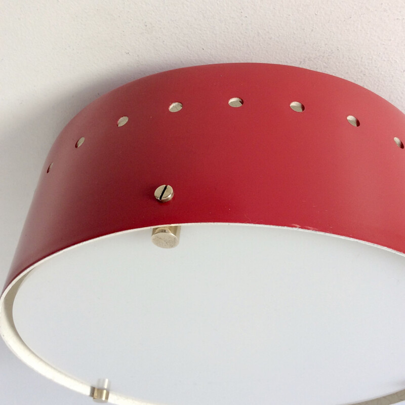 Vintage Italian red lacquered metal celling lamp, 1950