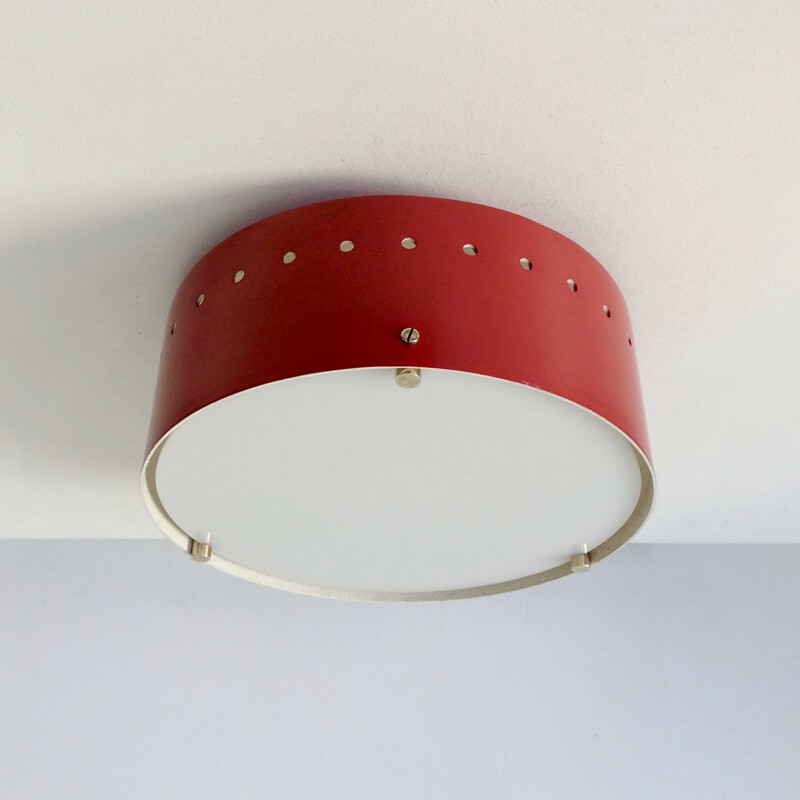 Vintage Italian red lacquered metal celling lamp, 1950