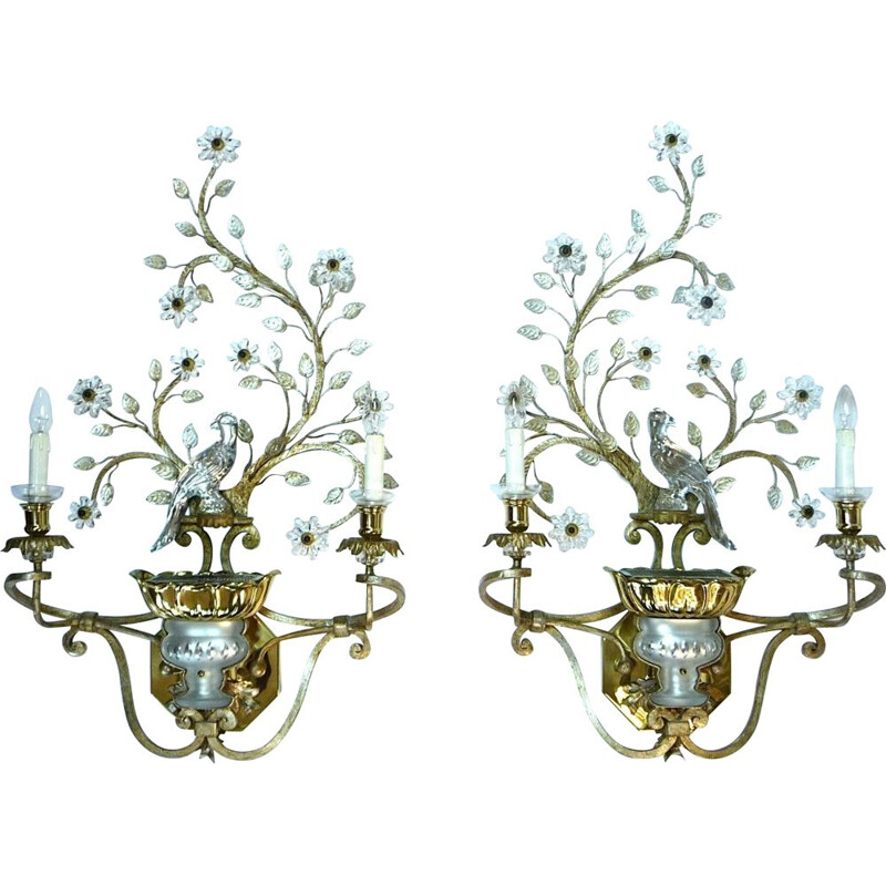 Pair of vintage Italian wall lamps in gilt metal and glass by Banci Firenze, 1960