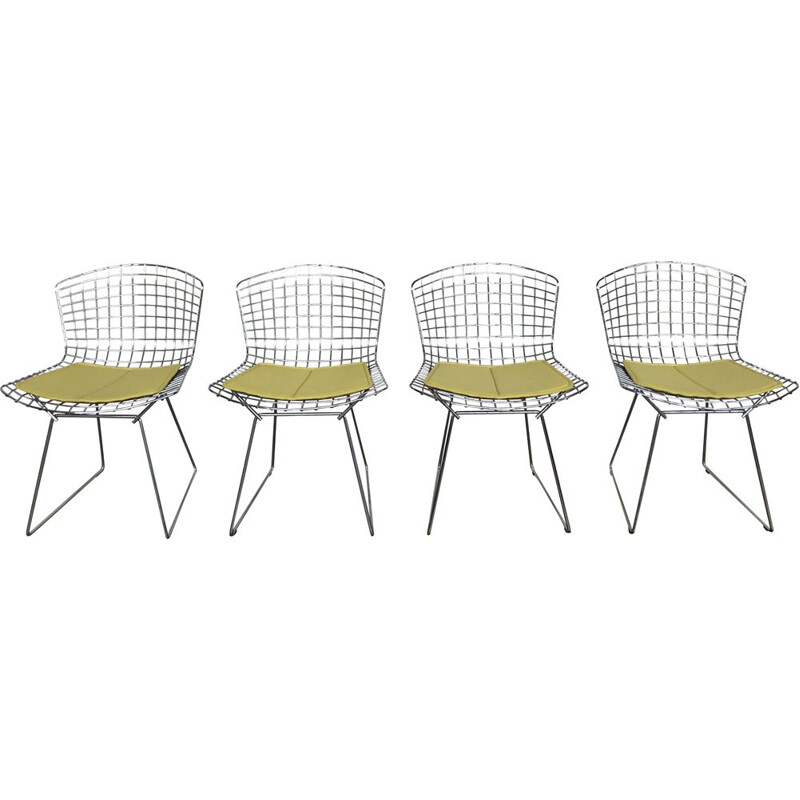 Set of 4 vintage chairs with yellow cushion by Harry Bertoia for Knoll, 1970