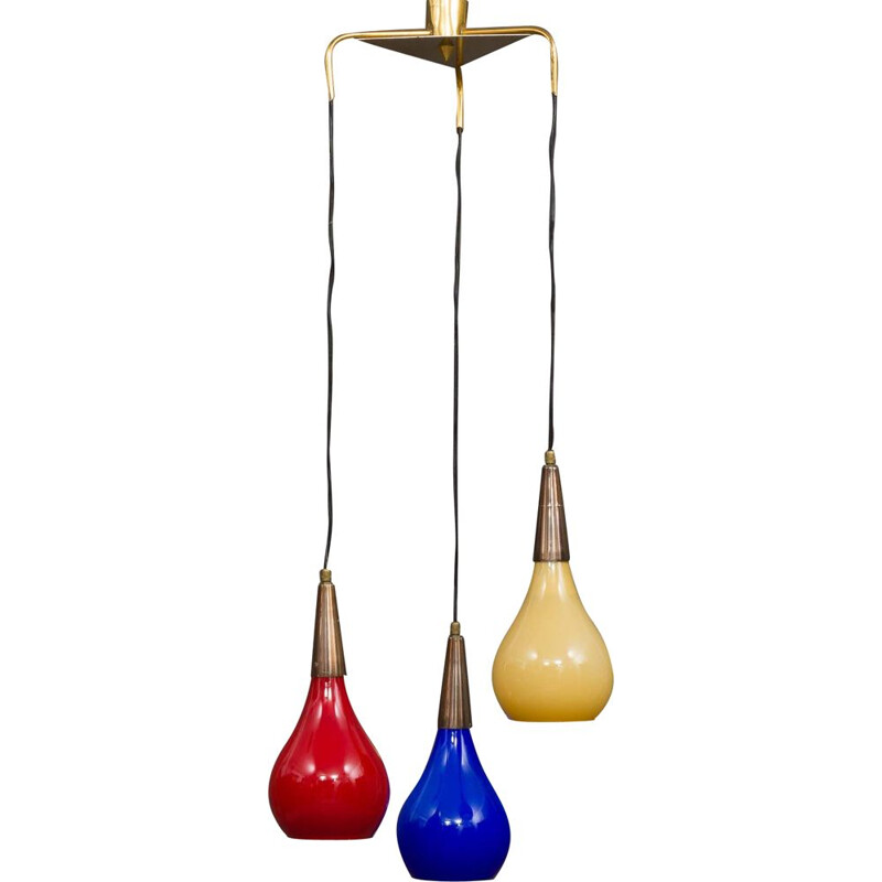 Vintage three colours Murano glass and brass chandelier by Vistosi
