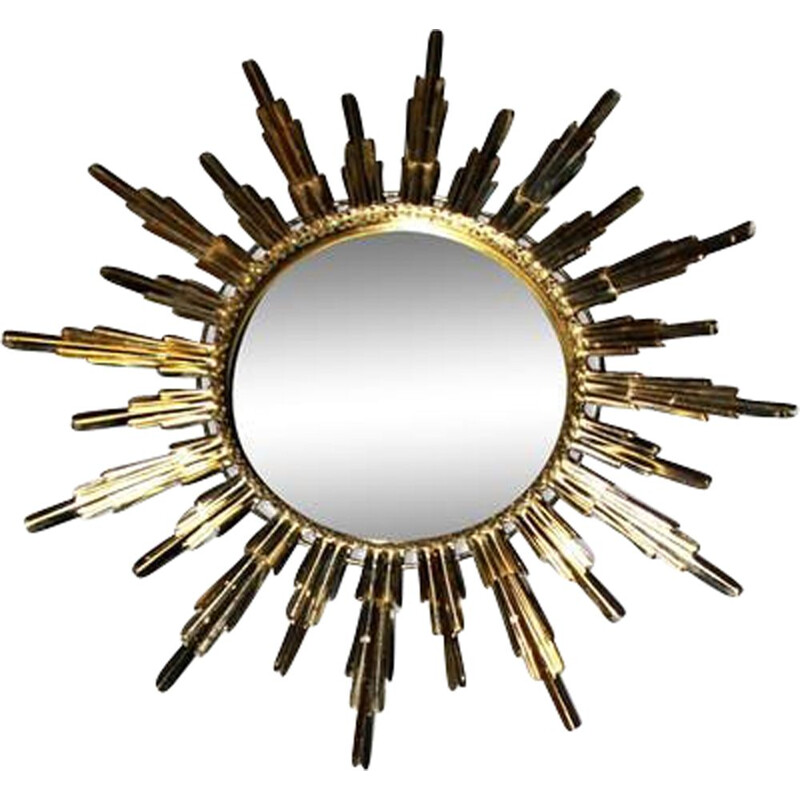 Vintage bulging golden metal sun mirror, 1960s