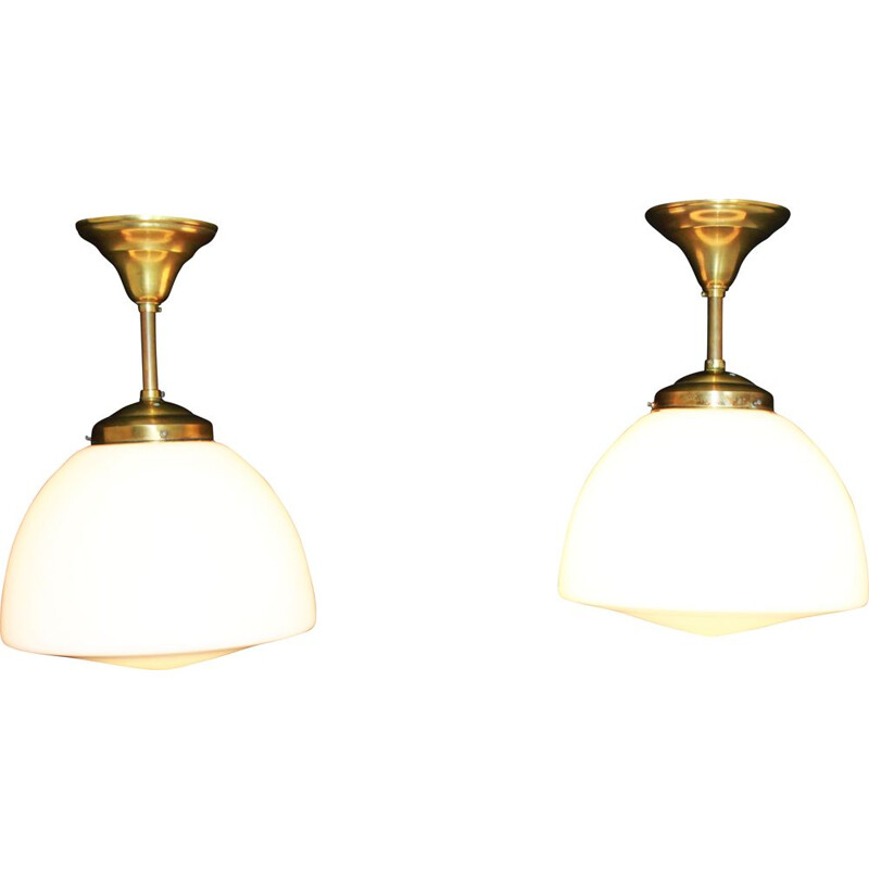 Set of 2 vintage pendant lights in opaline and bronze
