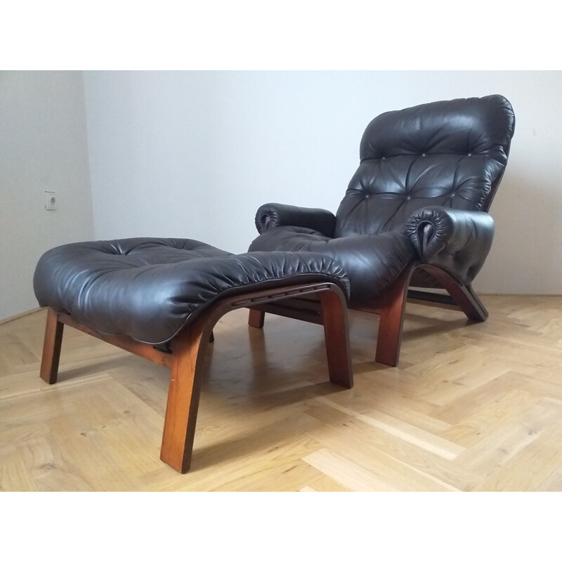 Leather armchair with ottoman by RyBo Rykken and Oddvin Rykken, 1970s.