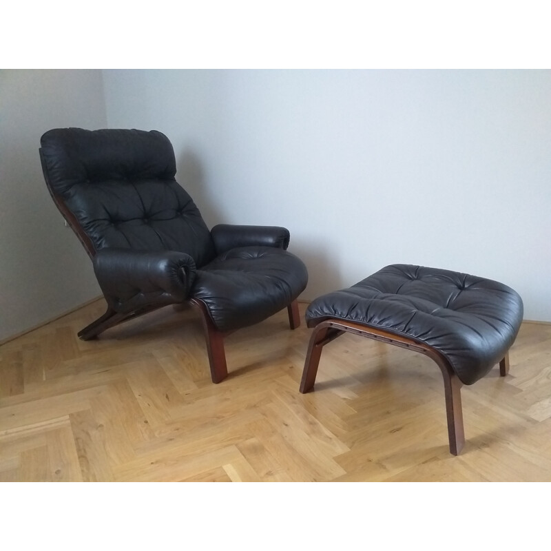 Leather armchair with ottoman by RyBo Rykken and Oddvin Rykken, 1970s.