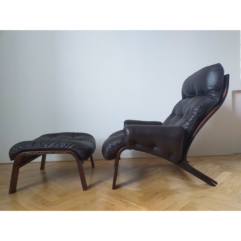 Leather armchair with ottoman by RyBo Rykken and Oddvin Rykken, 1970s.