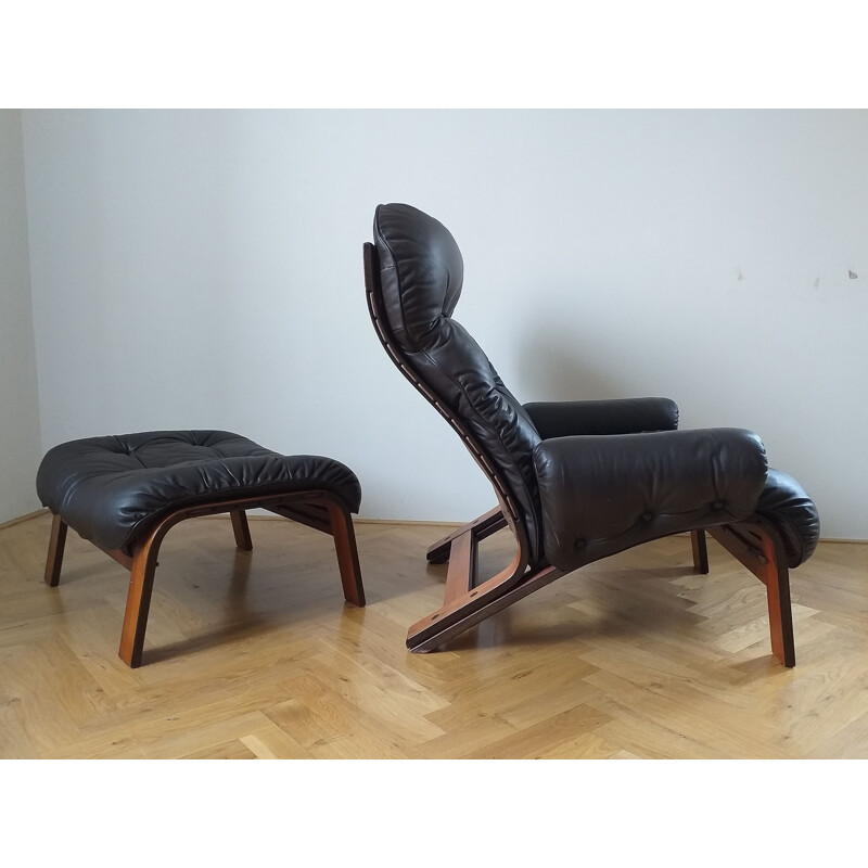 Leather armchair with ottoman by RyBo Rykken and Oddvin Rykken, 1970s.