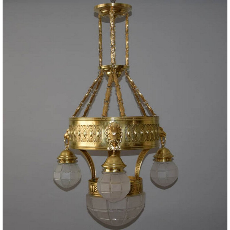 Vintage brass and glass chandelier, 1910s