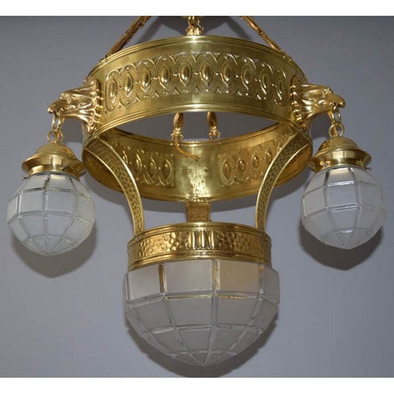 Vintage brass and glass chandelier, 1910s