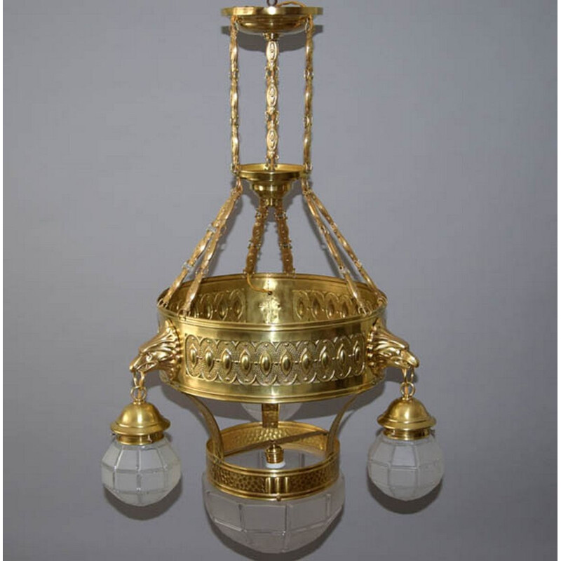 Vintage brass and glass chandelier, 1910s