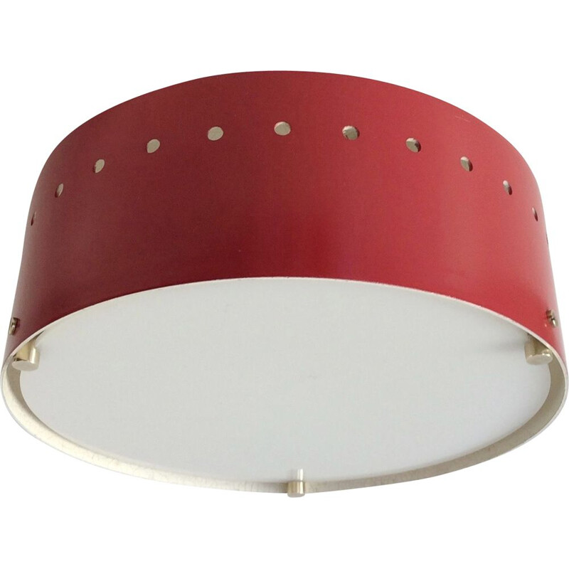 Vintage Italian red lacquered metal celling lamp, 1950