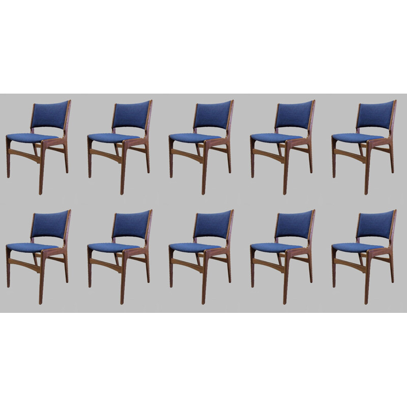 Ensemble de 10 chaises à repas vintage en teck par Erik Buch