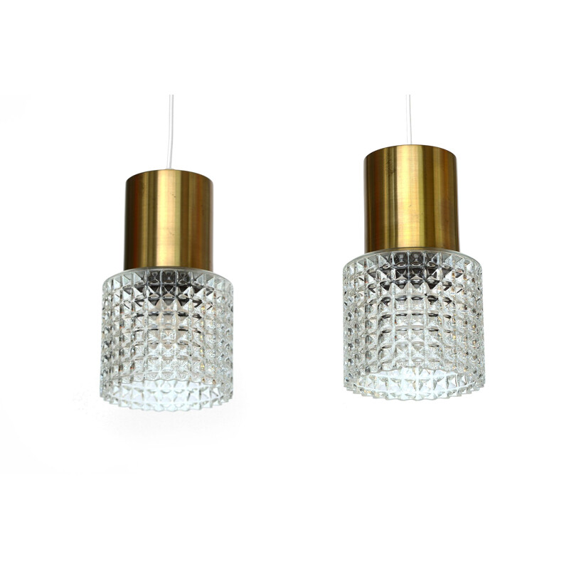 Set of 2 vintage brass pendant lights with glass shades, Sweden, 1960s
