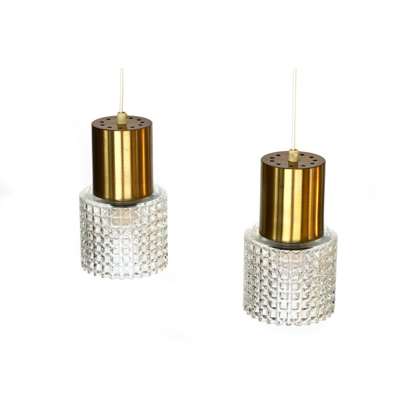 Set of 2 vintage brass pendant lights with glass shades, Sweden, 1960s