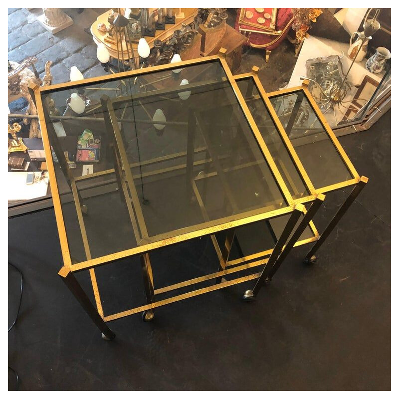 Set of 3 vintage brass and smoked glass nesting tables, 1960