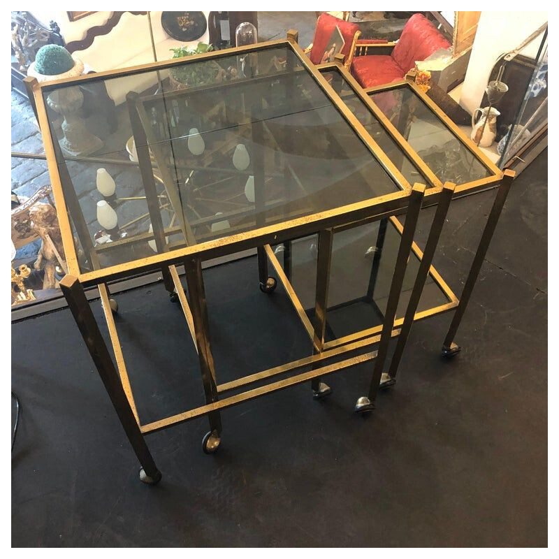 Set of 3 vintage brass and smoked glass nesting tables, 1960