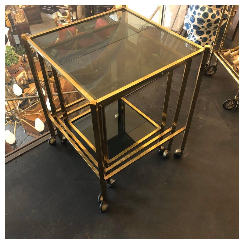 Set of 3 vintage brass and smoked glass nesting tables, 1960