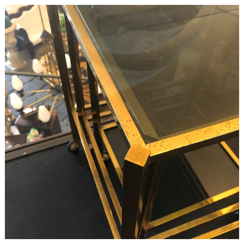 Set of 3 vintage brass and smoked glass nesting tables, 1960