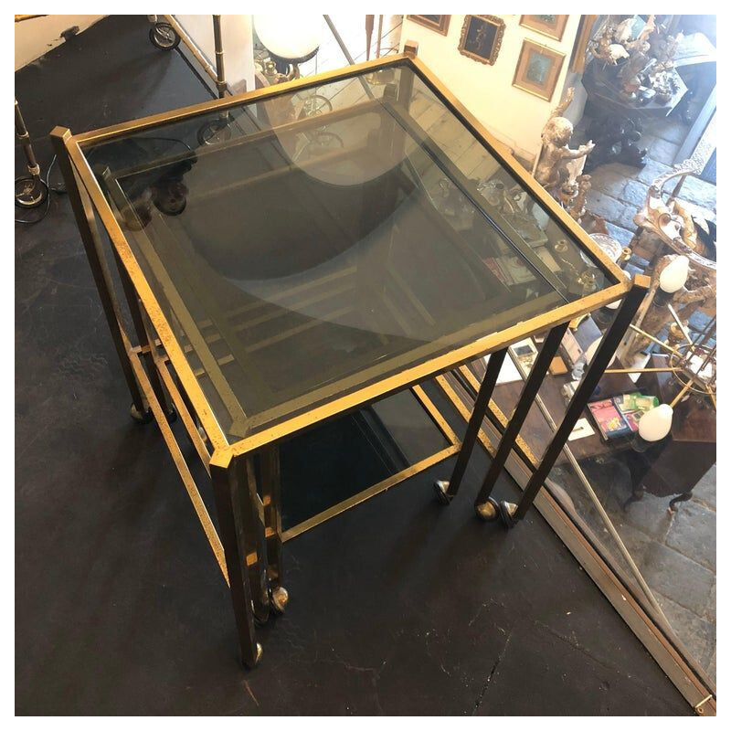 Set of 3 vintage brass and smoked glass nesting tables, 1960