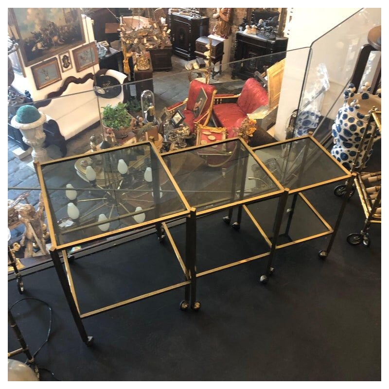 Set of 3 vintage brass and smoked glass nesting tables, 1960